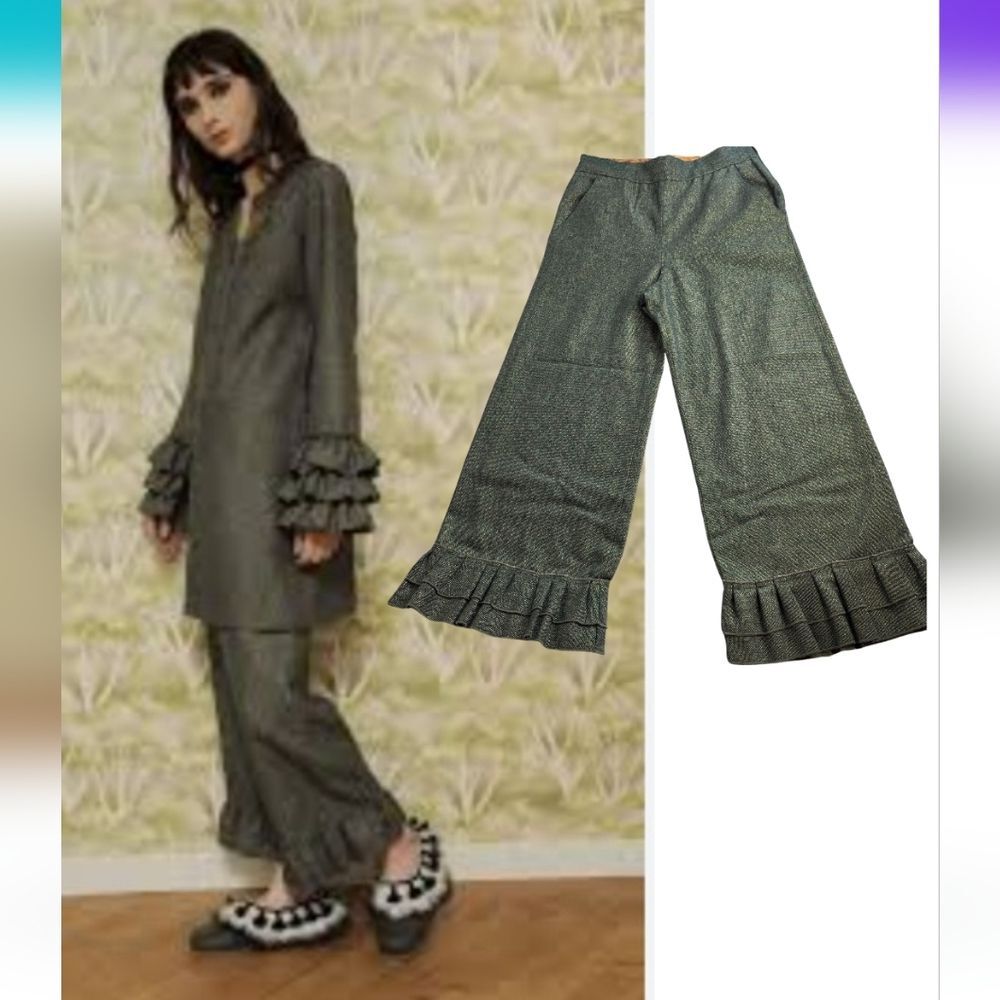 Crilla Naná Italian Ruffled Pants Green W/Gold Thread Wool Italy Size 42 H-0575